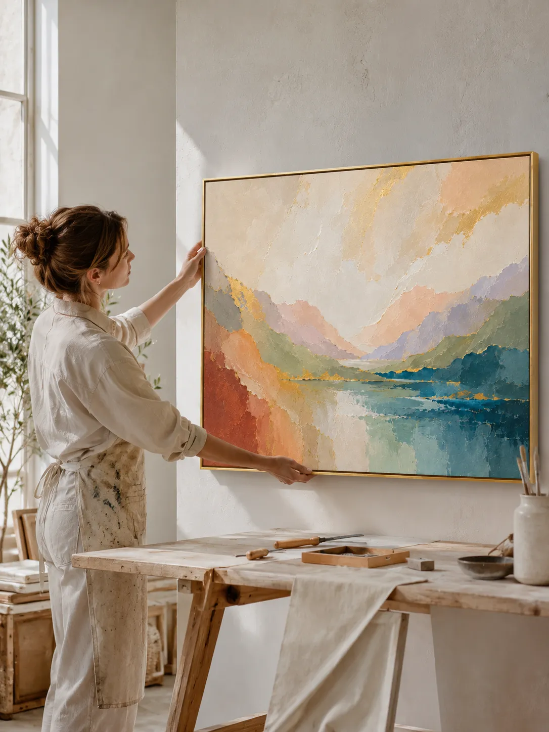 Laura Manzano trabajando con una obra en su taller